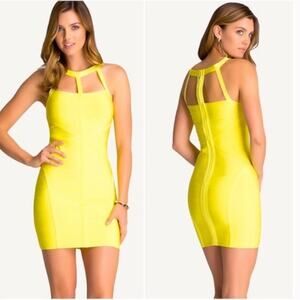 Y2K Bebe Yellow Citrus Cutout Bodycon Bandage Dress Small Going Out Statement